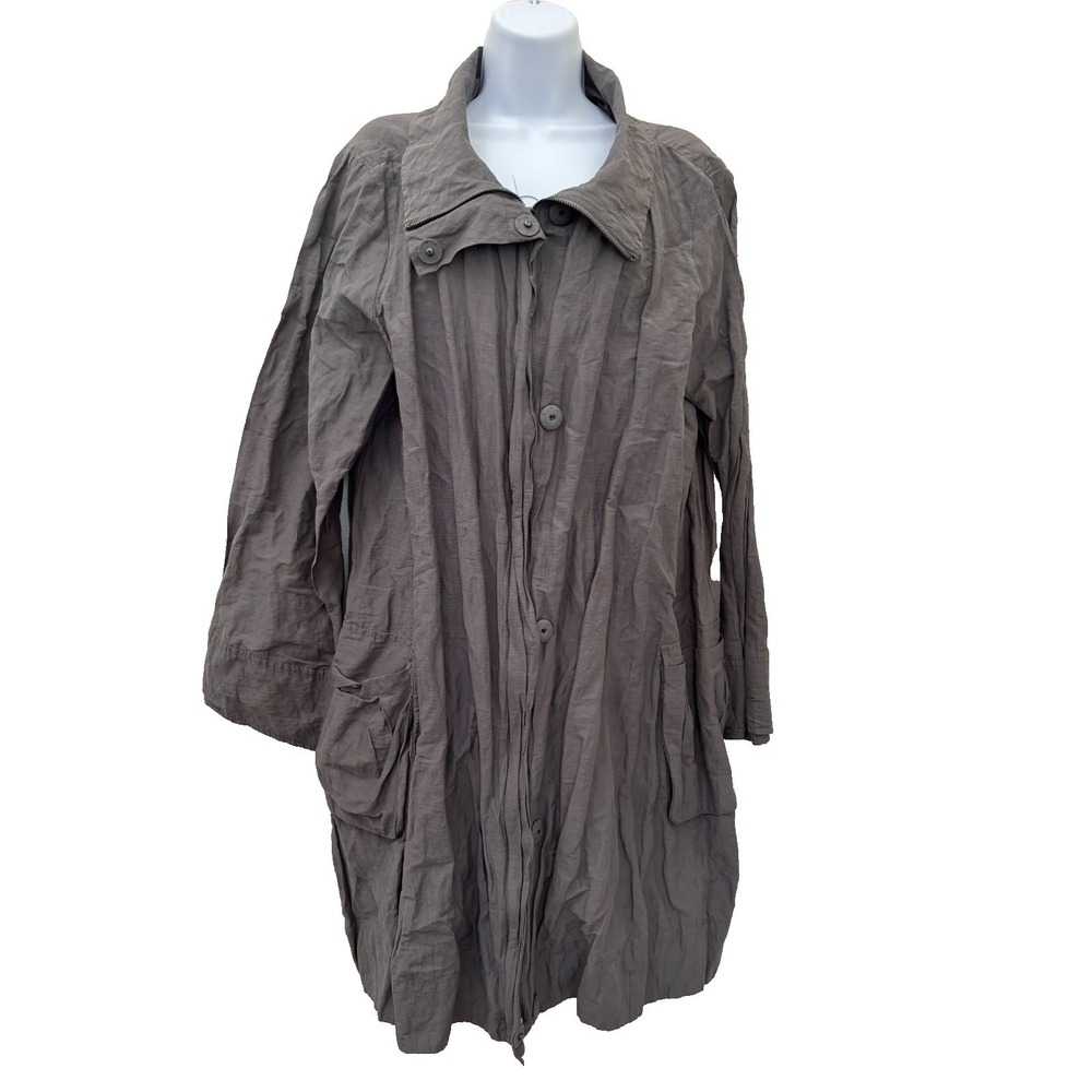 Eileen Fisher Jacket Coat XL Rumpled Gray Zip Snap Trench Lagenlook Minimalist